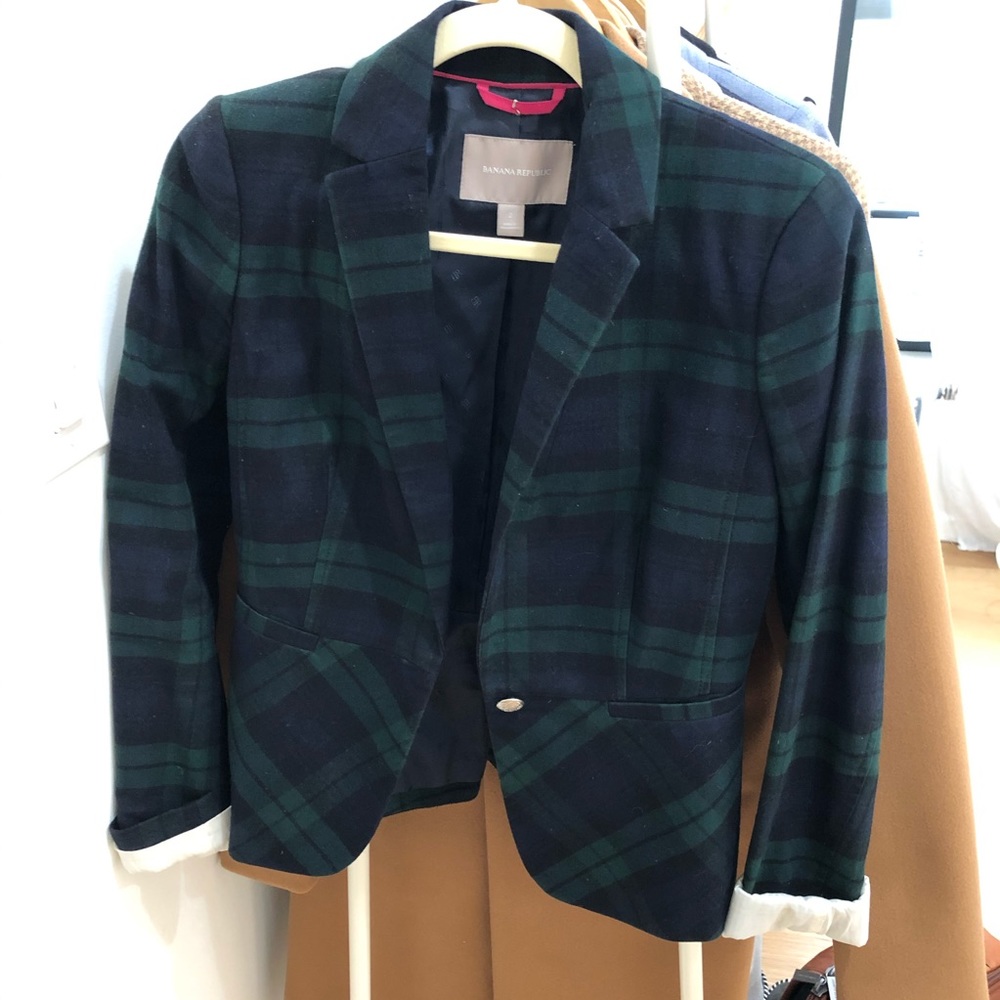 Banana Republic Navy and Green Plaid Blazer